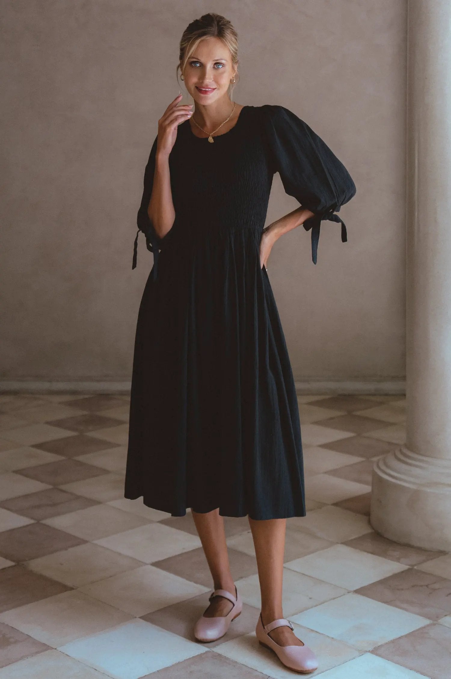 Freya Smocked Linen Midi Dress by Partner Label