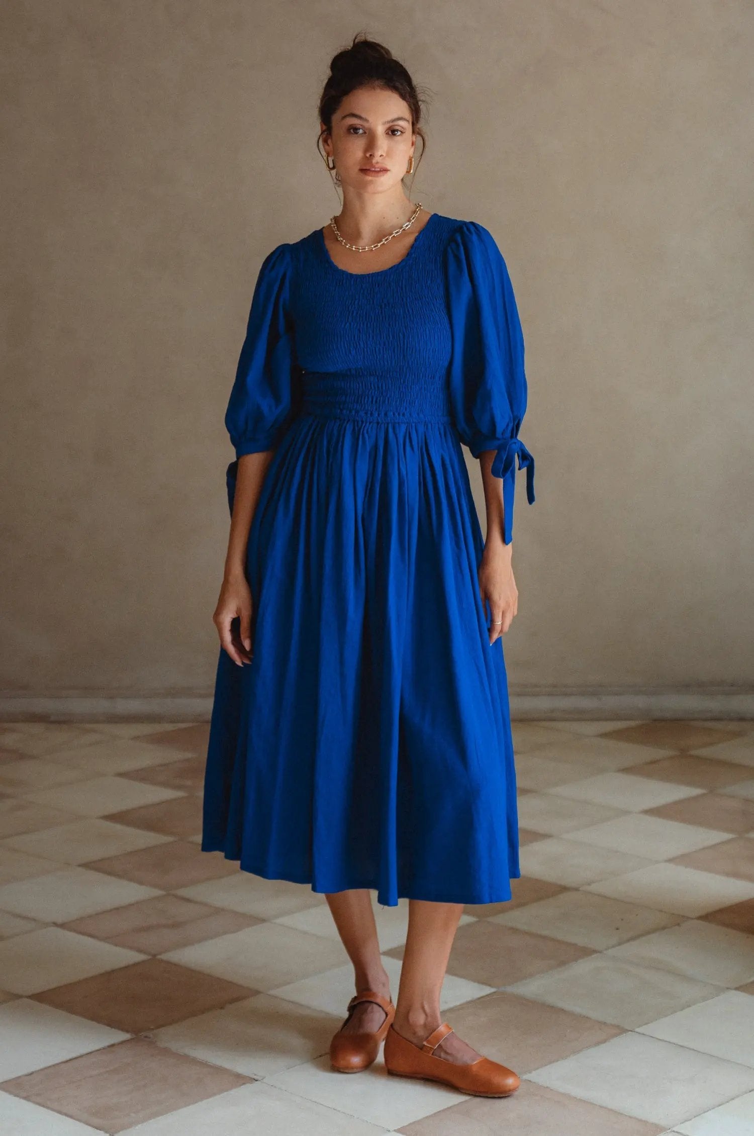 Freya Smocked Linen Midi Dress by ELF