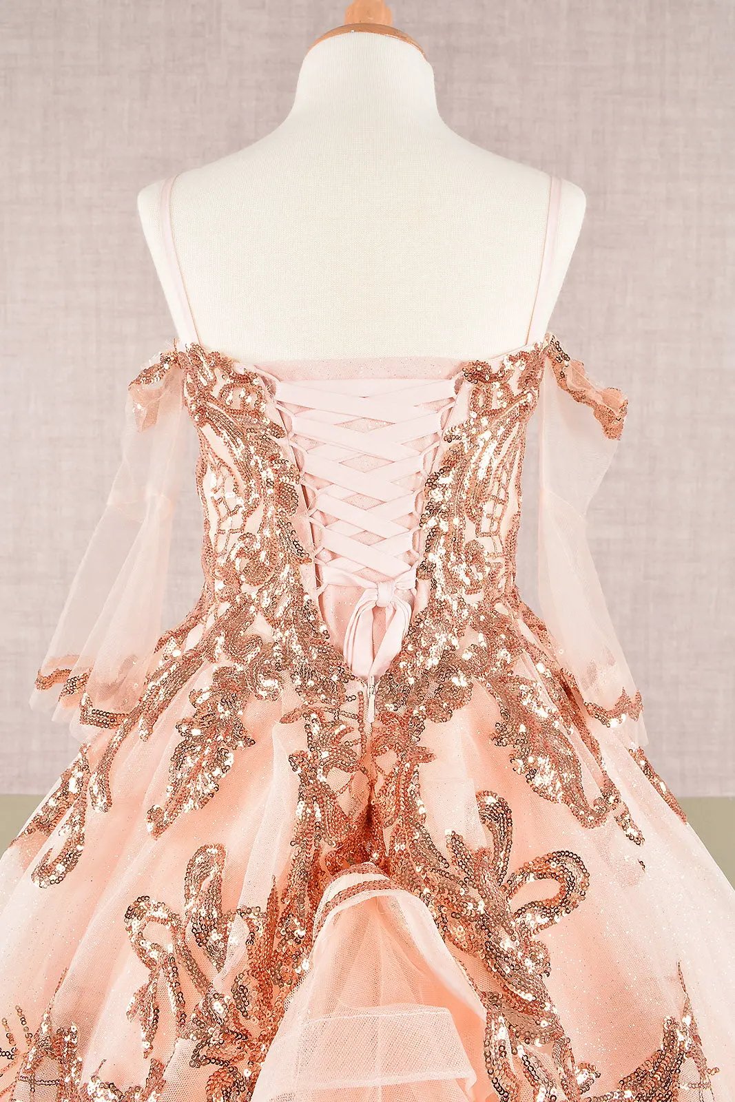 Glitter Sequin Embellished Mesh Kids Dress with Separate Mesh 3/4 Sleeves by Tux-USA