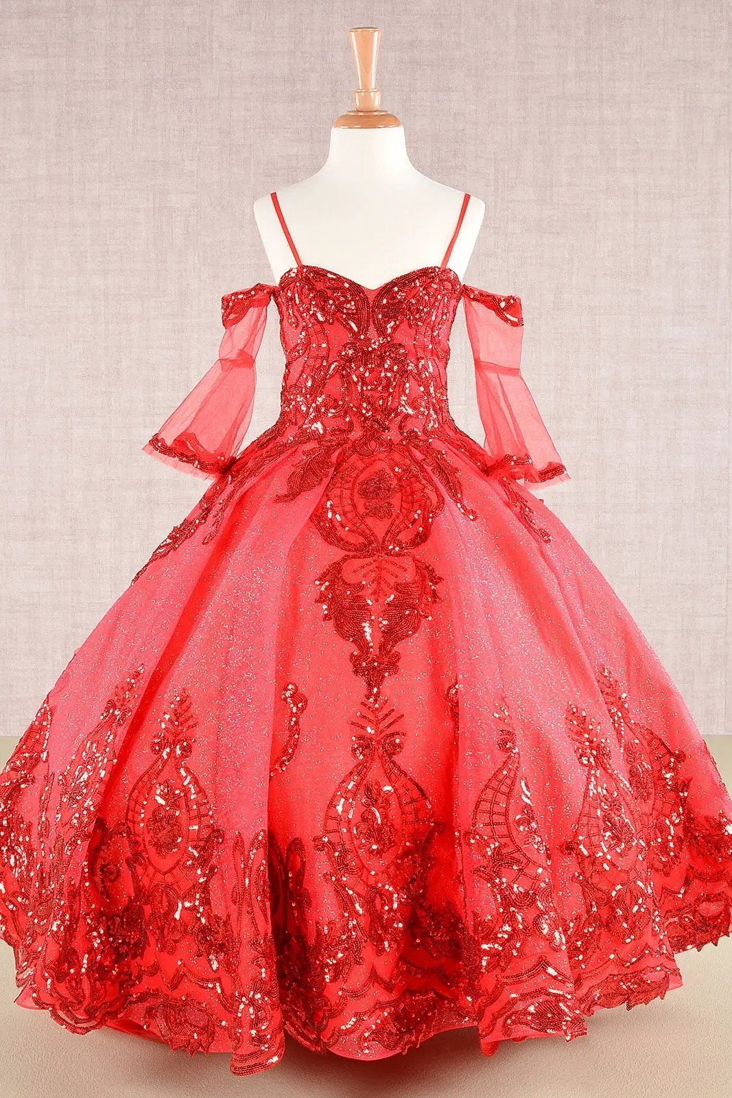 Glitter Sequin Embellished Mesh Kids Dress with Separate Mesh 3/4 Sleeves by Tux-USA