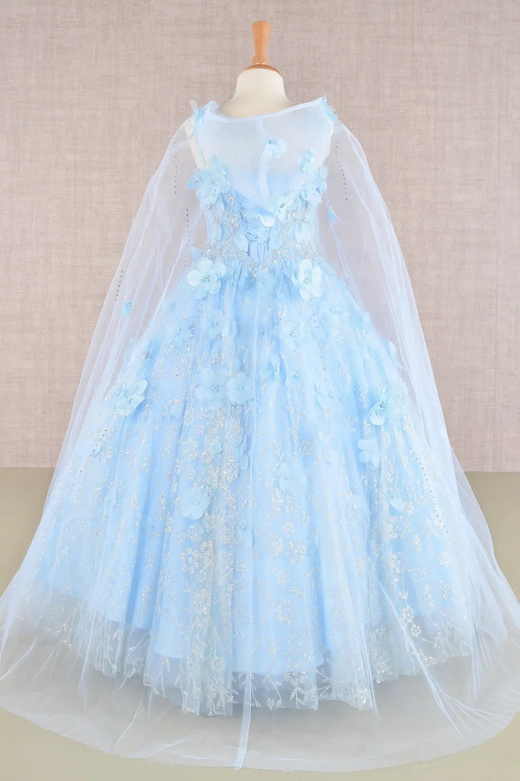 3D Flower Applique Jewel Mesh Kids Dress with Long Mesh Cloak by Tux-USA