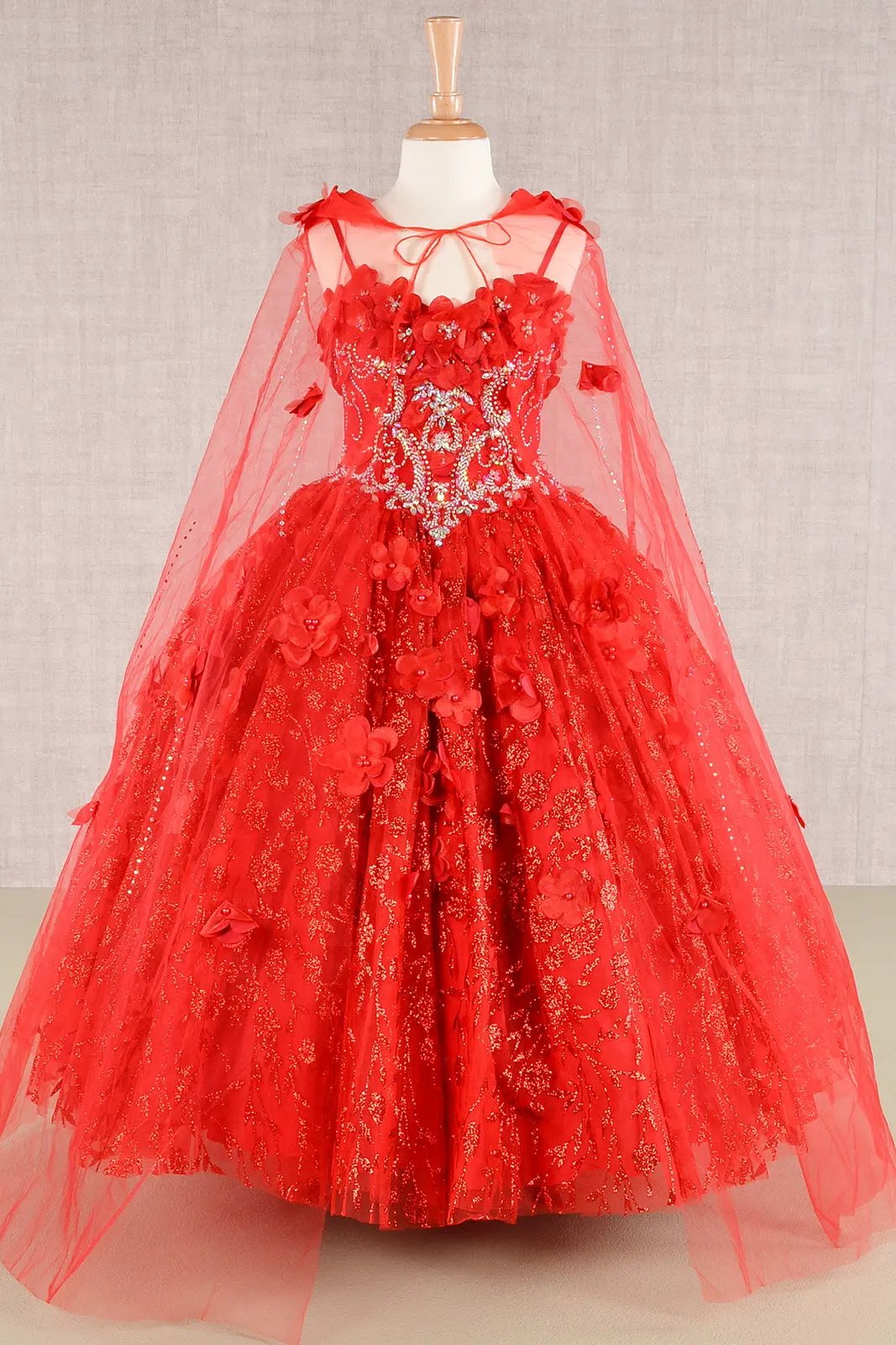 3D Flower Applique Jewel Mesh Kids Dress with Long Mesh Cloak by Tux-USA