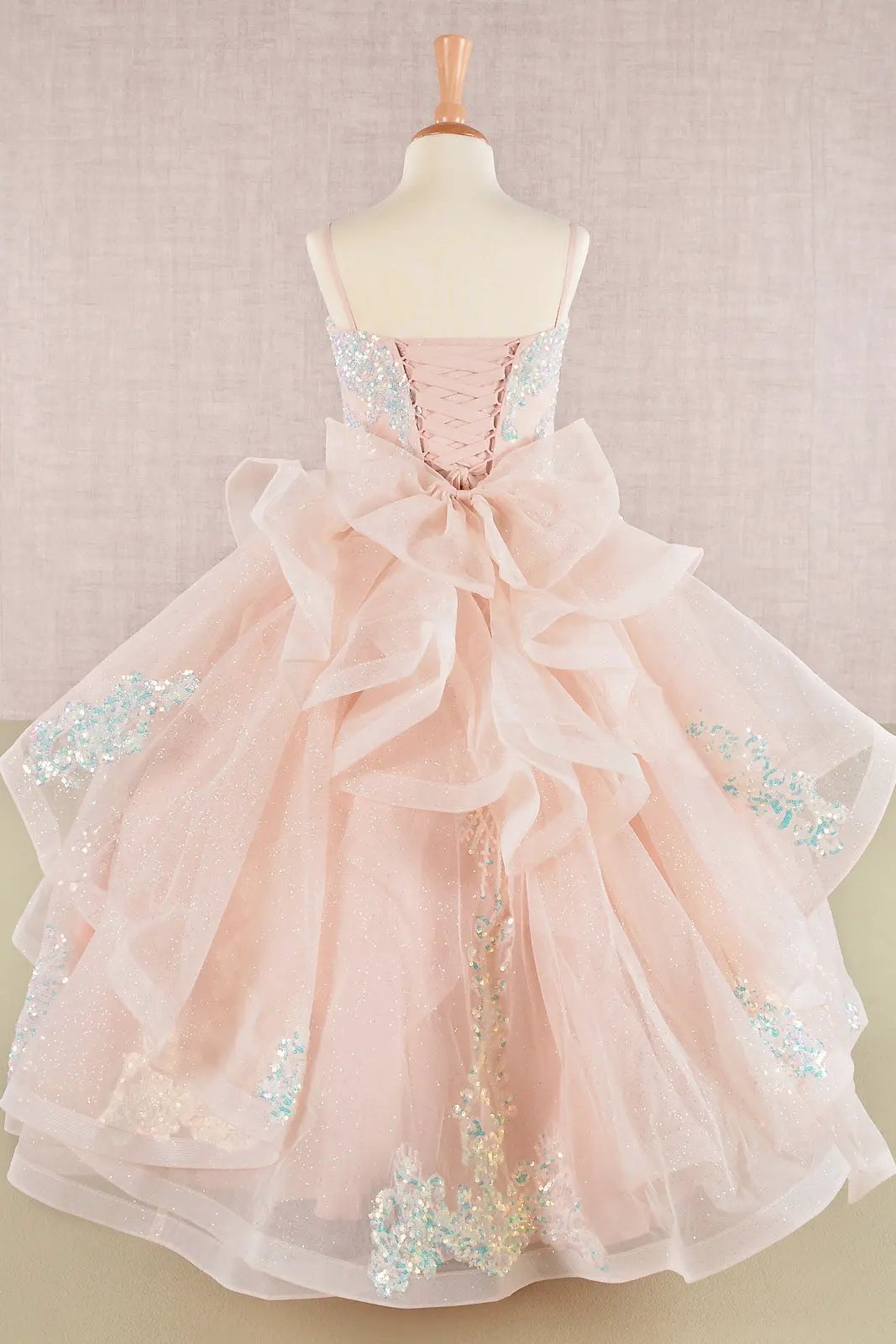 Spaghetti Strap Sequin Mesh Kids Dress with a Detachable Ribbon and Ruffled Back Skirt by Tux-USA