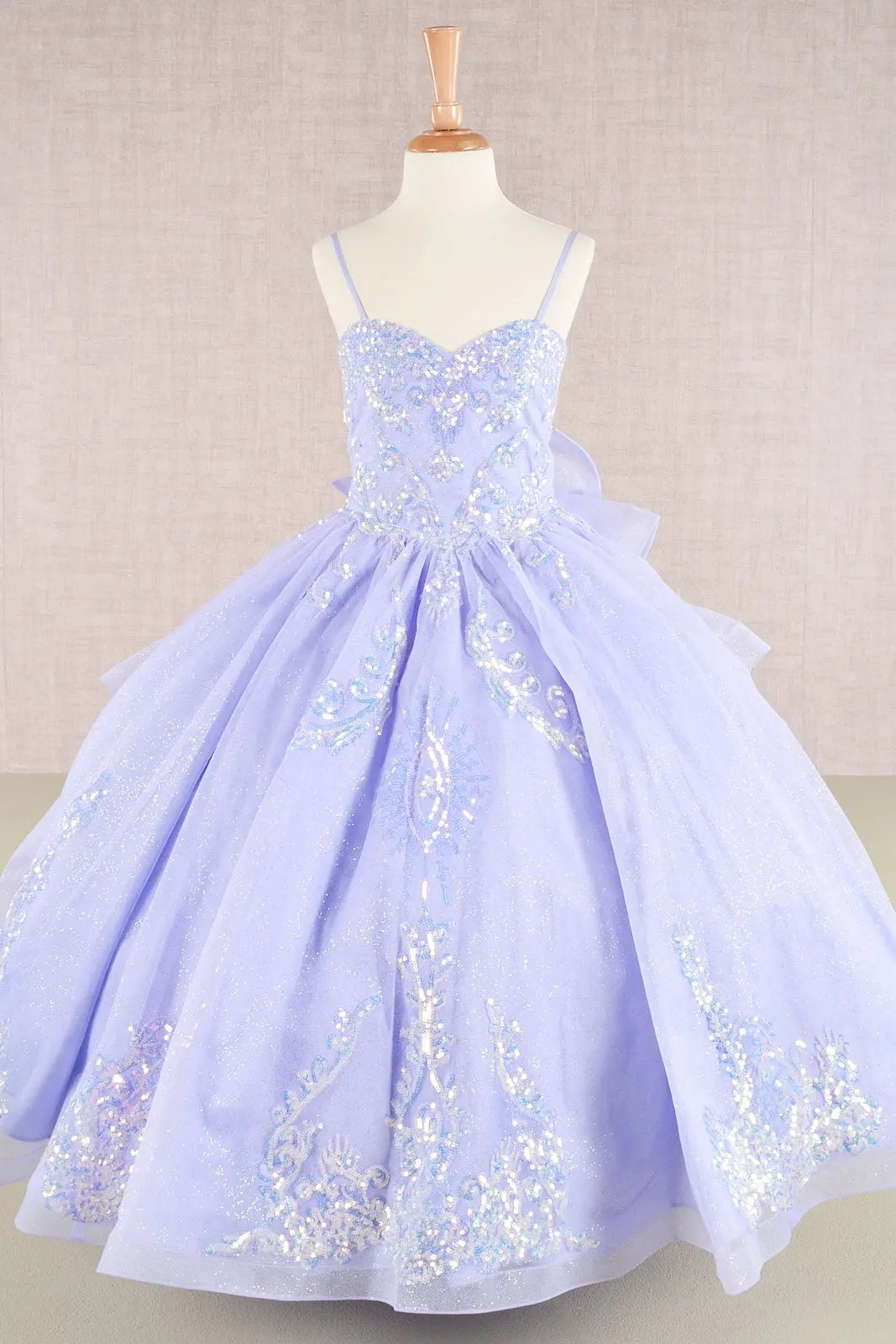 Spaghetti Strap Sequin Mesh Kids Dress with a Detachable Ribbon and Ruffled Back Skirt by Tux-USA