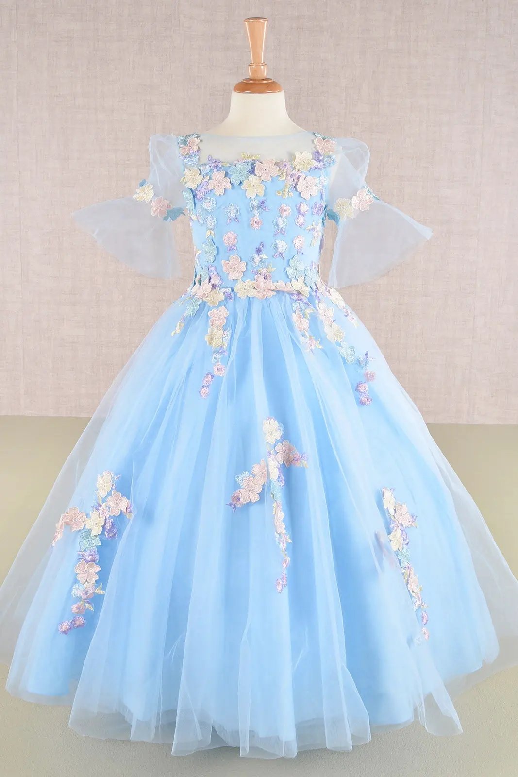3D Floral Applique Mesh Kids Dress with Long Back Hem by Tux-USA