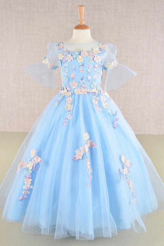 3D Floral Applique Mesh Kids Dress with Long Back Hem by Tux-USA
