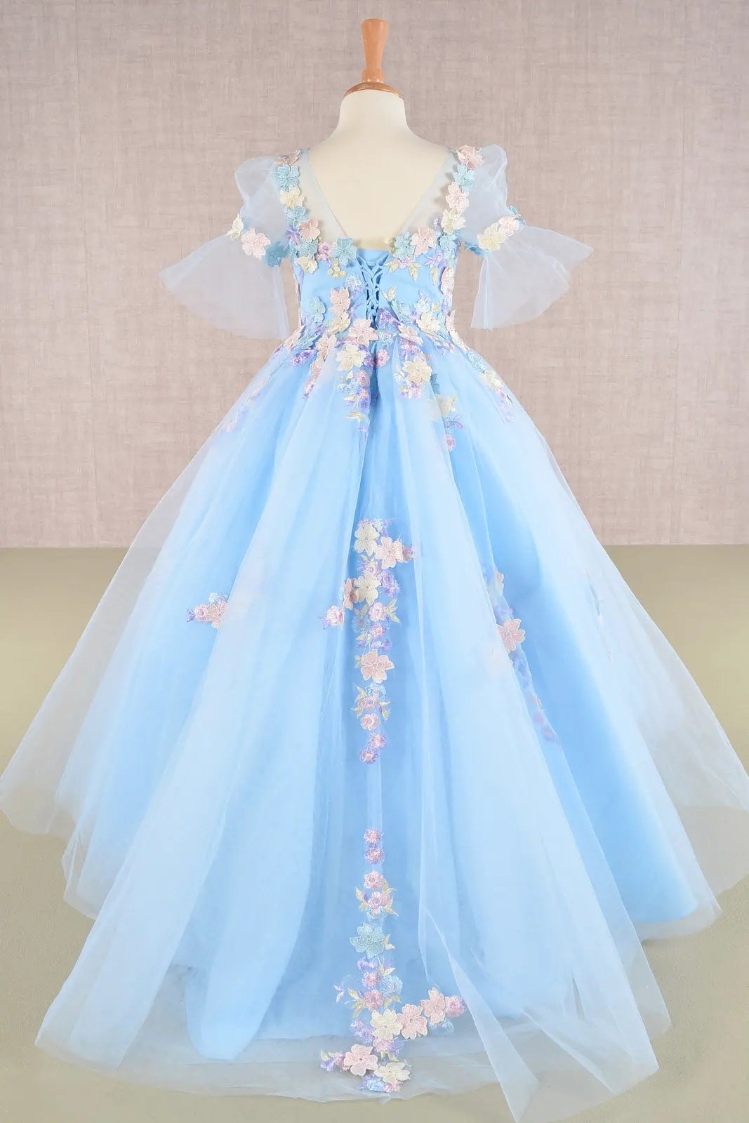 3D Floral Applique Mesh Kids Dress with Long Back Hem by Tux-USA