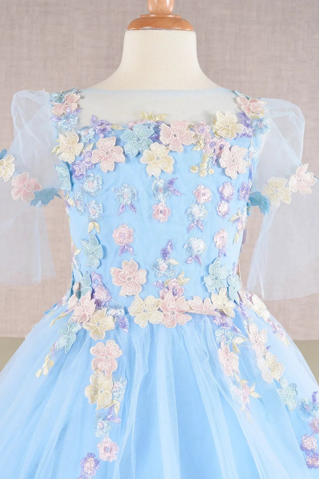 3D Floral Applique Mesh Kids Dress with Long Back Hem by Tux-USA