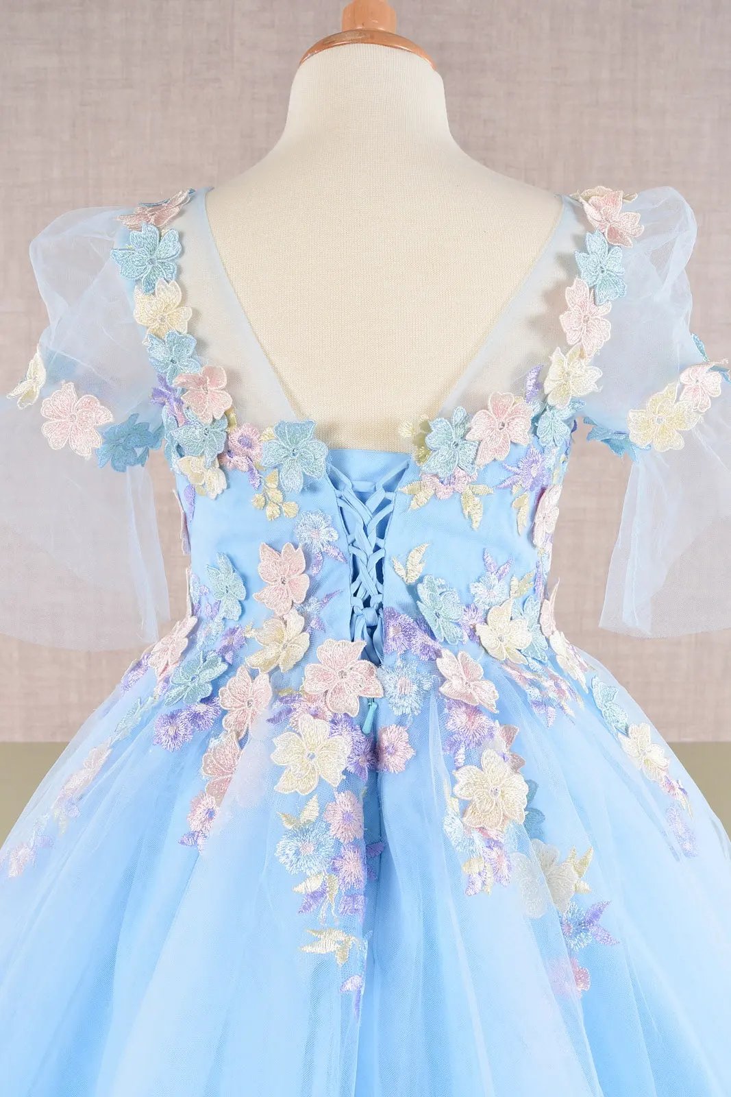 3D Floral Applique Mesh Kids Dress with Long Back Hem by Tux-USA