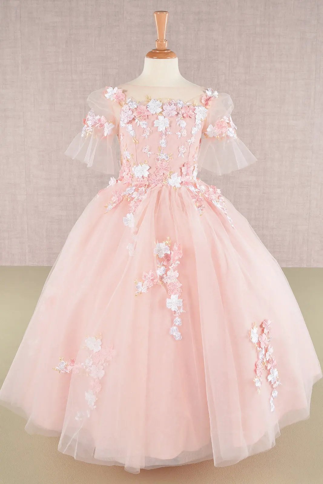 3D Floral Applique Mesh Kids Dress with Long Back Hem by Tux-USA