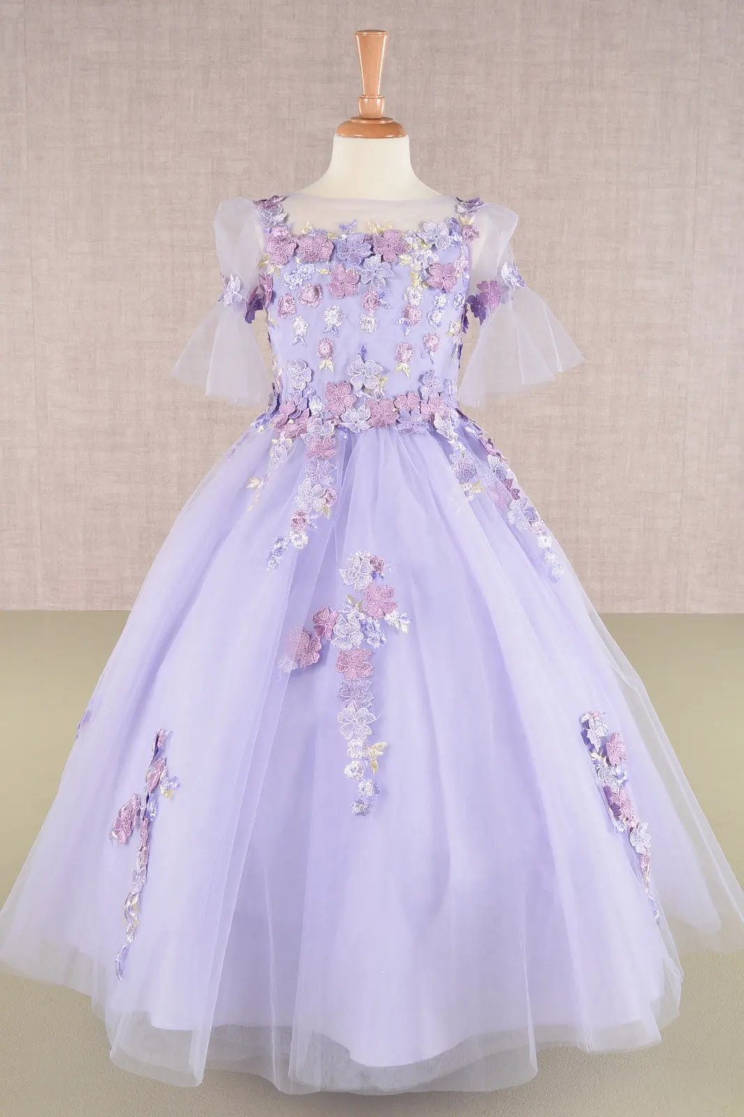 3D Floral Applique Mesh Kids Dress with Long Back Hem by Tux-USA