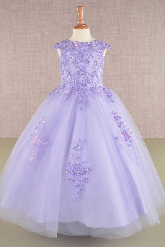 Sequin Embroidery Long Back Hem Mesh A-Line Kids Dress by Tux-USA