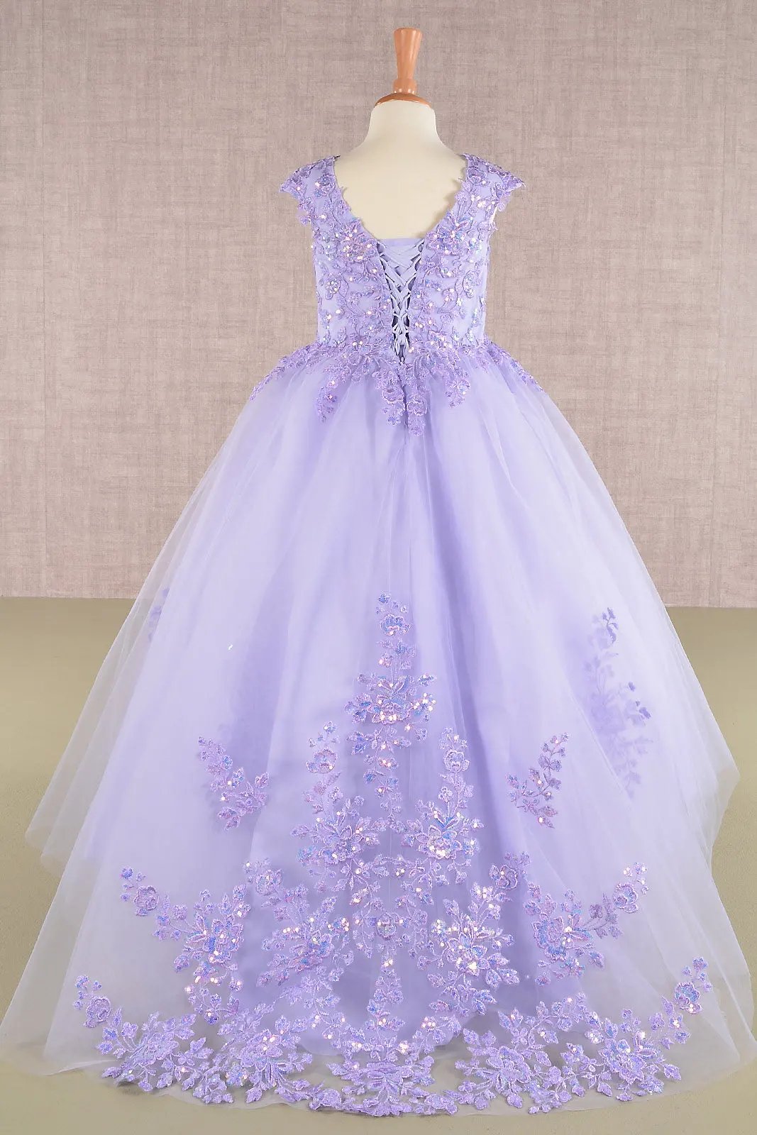 Sequin Embroidery Long Back Hem Mesh A-Line Kids Dress by Tux-USA