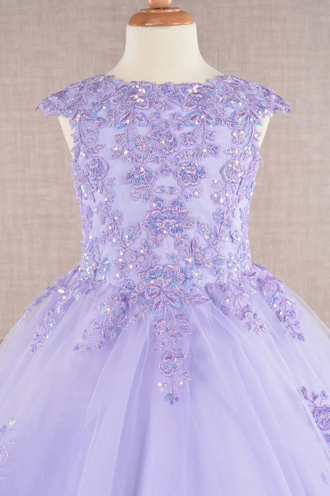 Sequin Embroidery Long Back Hem Mesh A-Line Kids Dress by Tux-USA