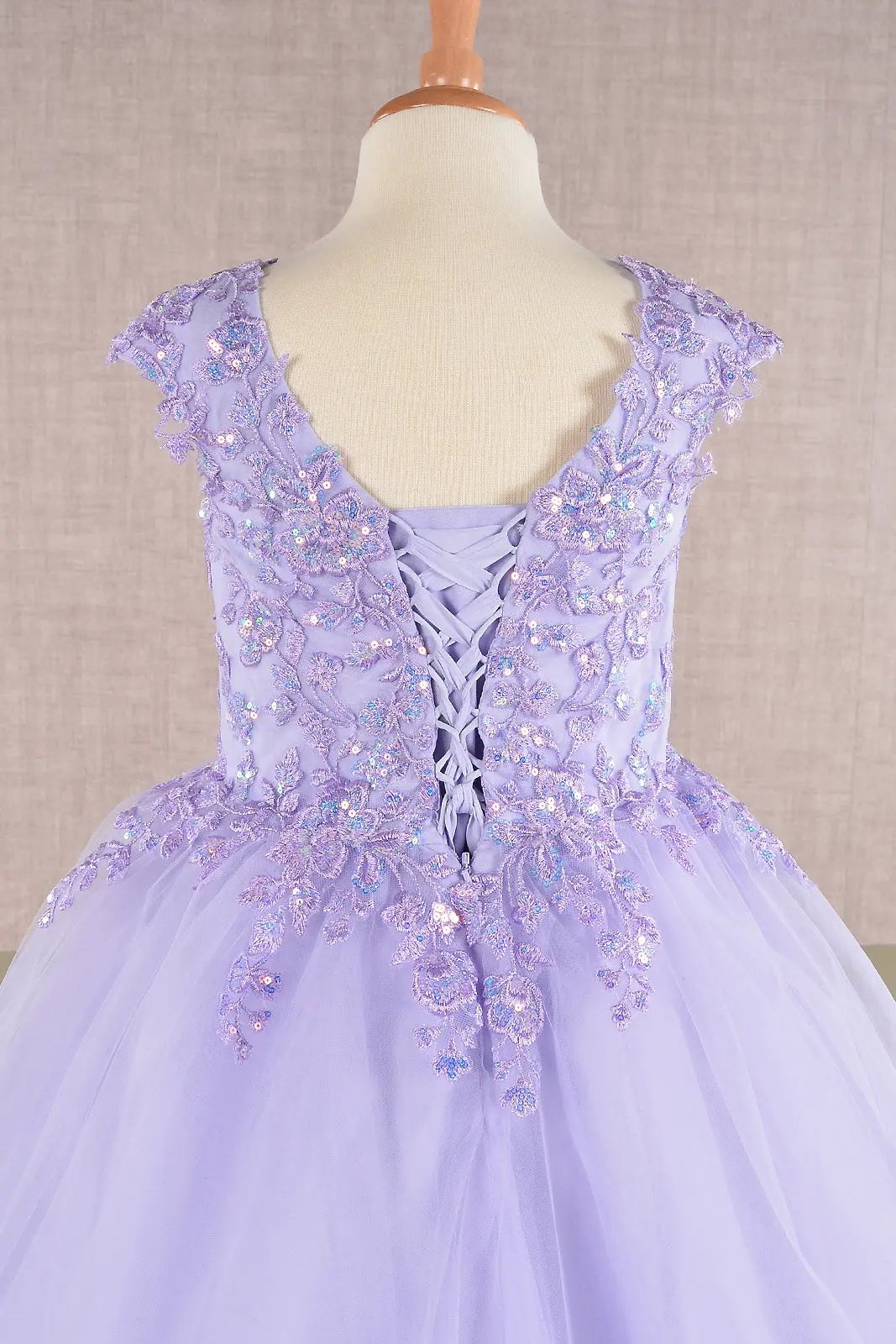 Sequin Embroidery Long Back Hem Mesh A-Line Kids Dress by Tux-USA
