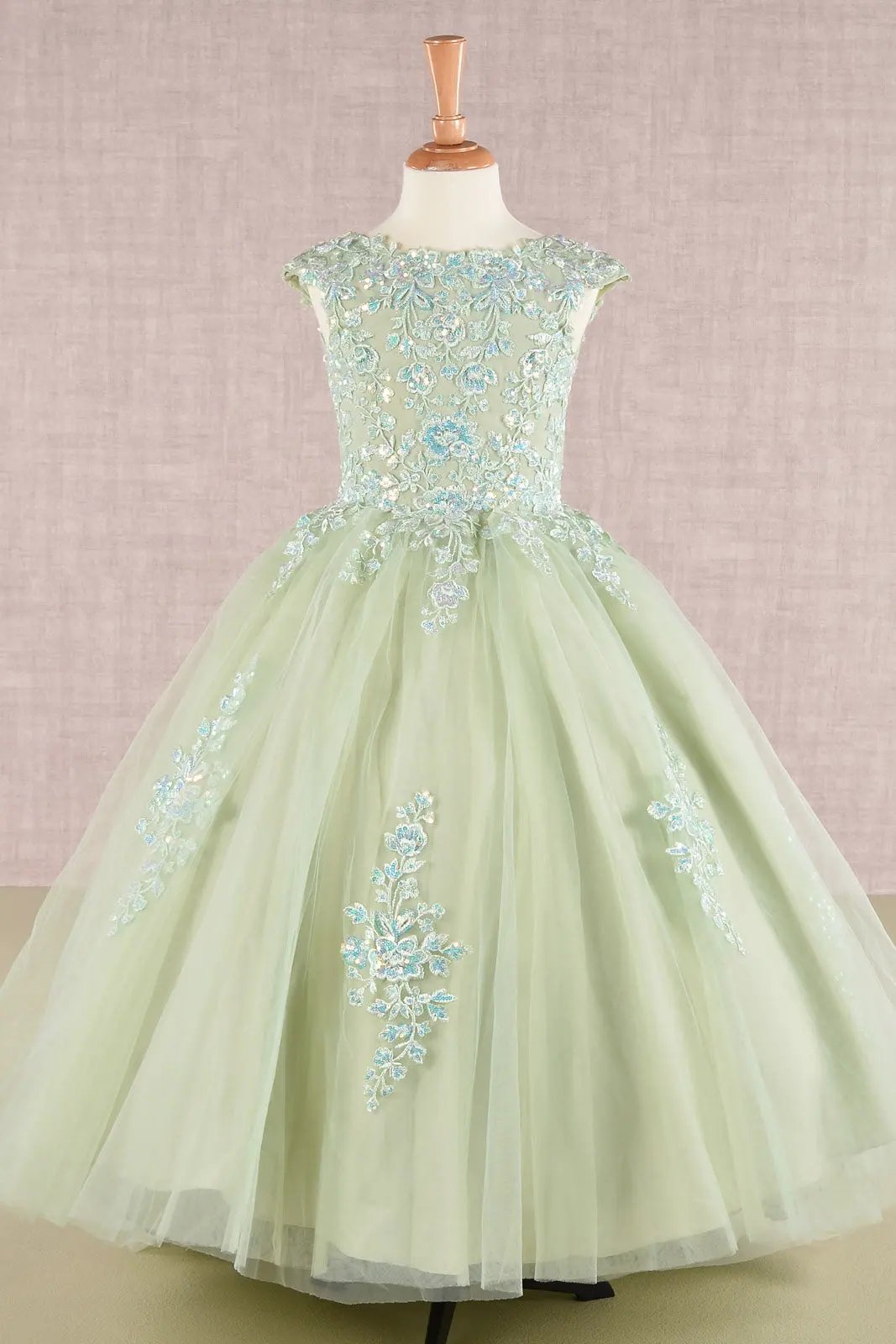 Sequin Embroidery Long Back Hem Mesh A-Line Kids Dress by Tux-USA