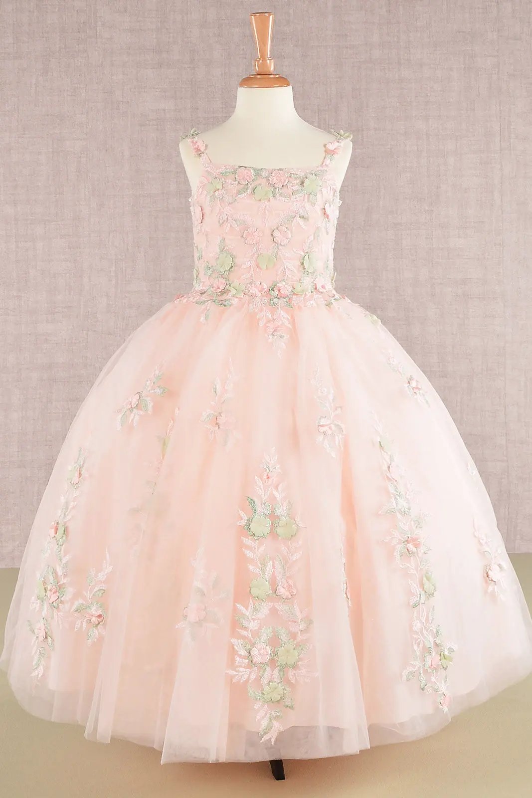GK109 Floral Embroidery Embellished Ruched Bodice Mesh Kids Dress with Lace-up Back by Tux-USA