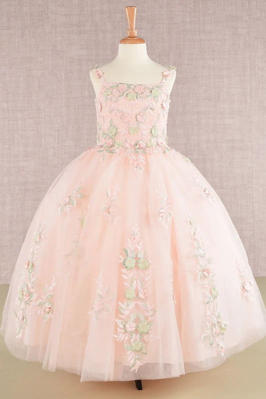 GK109 Floral Embroidery Embellished Ruched Bodice Mesh Kids Dress with Lace-up Back by Tux-USA