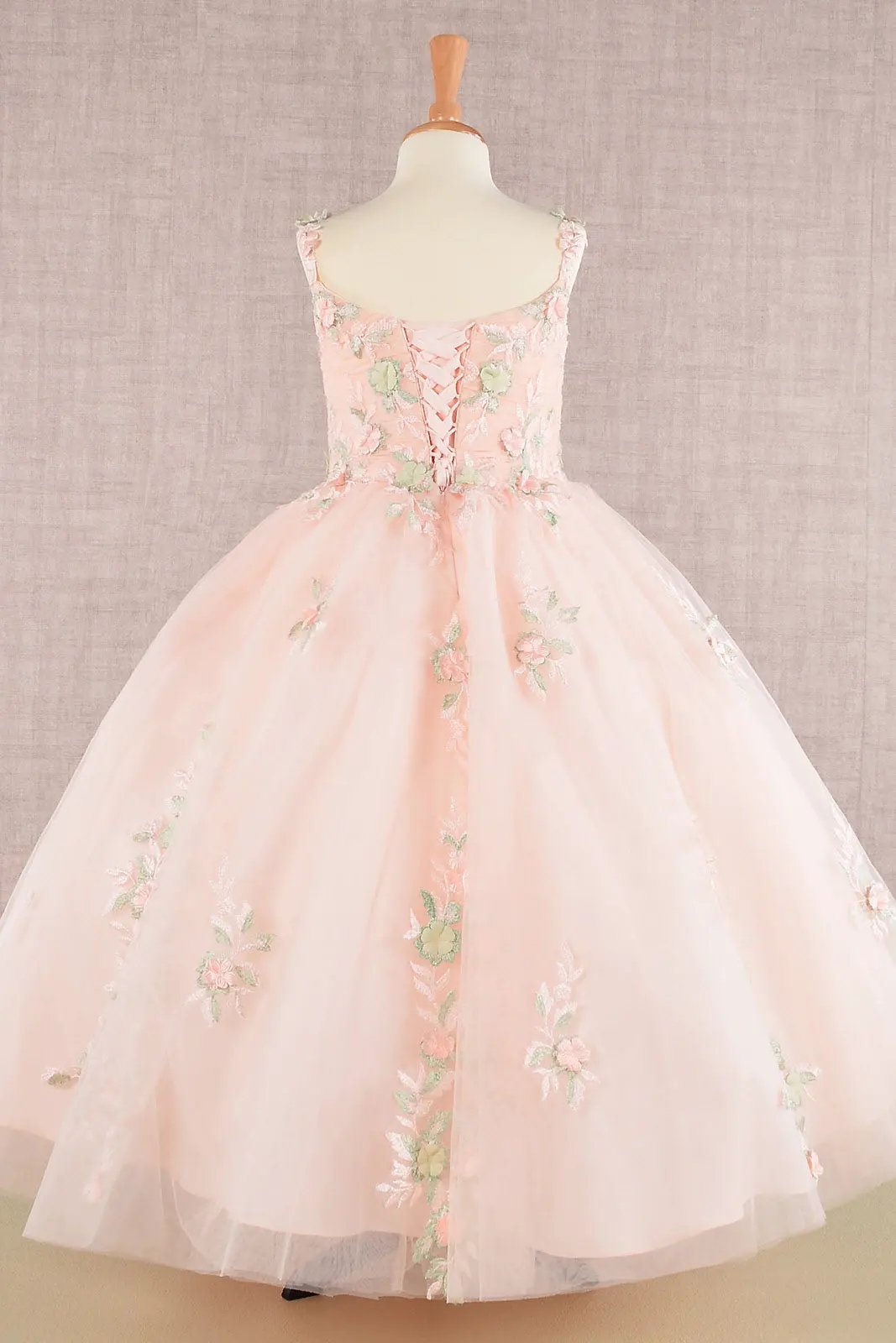 GK109 Floral Embroidery Embellished Ruched Bodice Mesh Kids Dress with Lace-up Back by Tux-USA