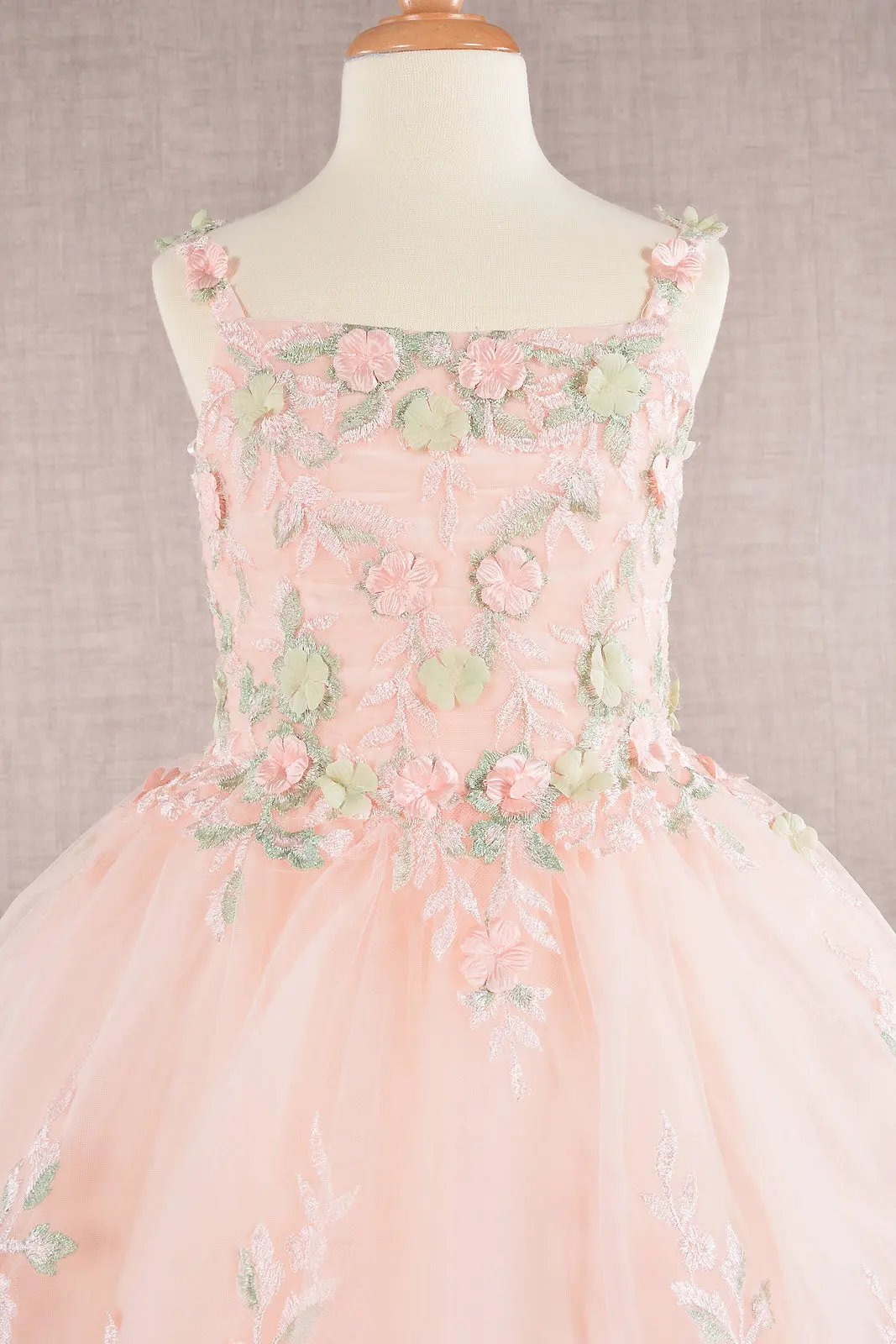GK109 Floral Embroidery Embellished Ruched Bodice Mesh Kids Dress with Lace-up Back by Tux-USA