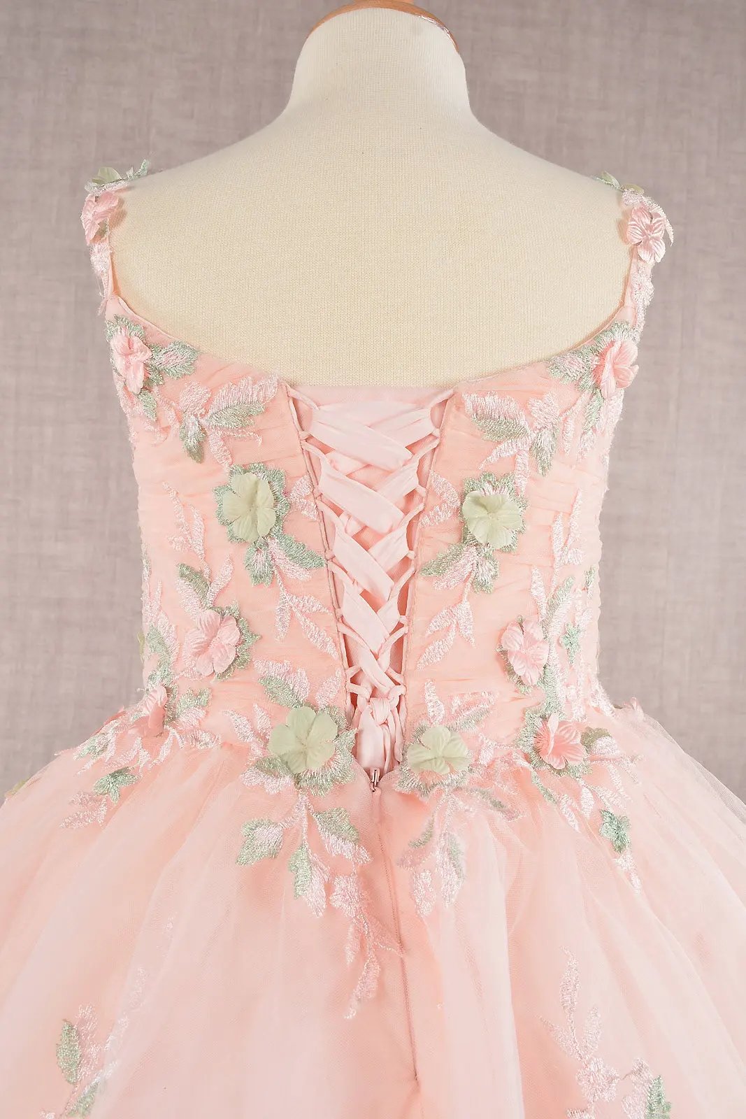 GK109 Floral Embroidery Embellished Ruched Bodice Mesh Kids Dress with Lace-up Back by Tux-USA
