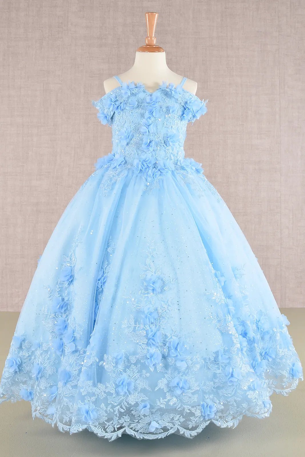3D Floral Applique Embellished Glitter Embroidery Mesh Kids Dress by Tux-USA