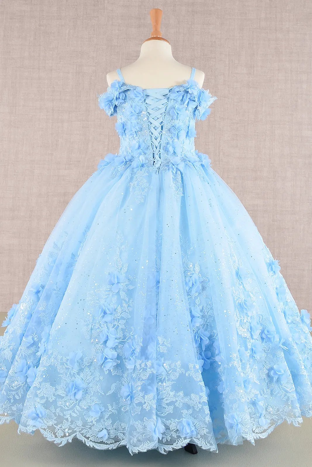 3D Floral Applique Embellished Glitter Embroidery Mesh Kids Dress by Tux-USA