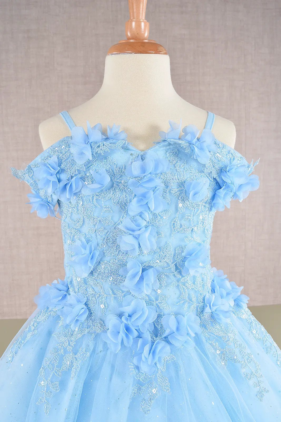 3D Floral Applique Embellished Glitter Embroidery Mesh Kids Dress by Tux-USA