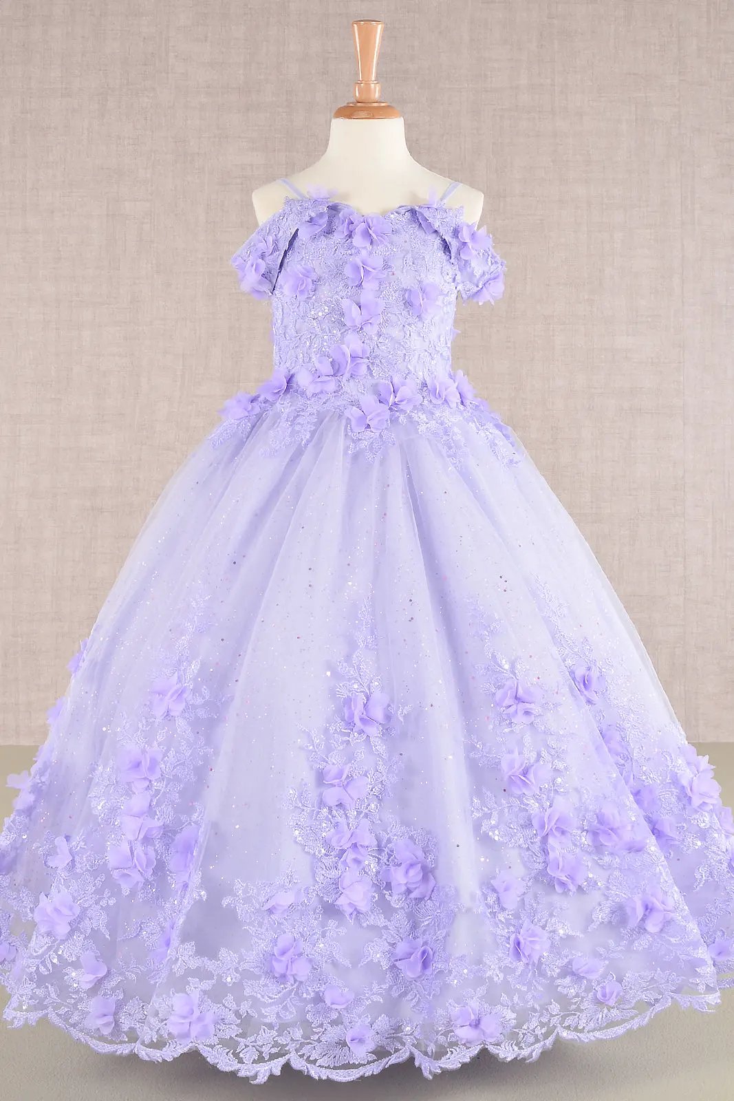 3D Floral Applique Embellished Glitter Embroidery Mesh Kids Dress by Tux-USA
