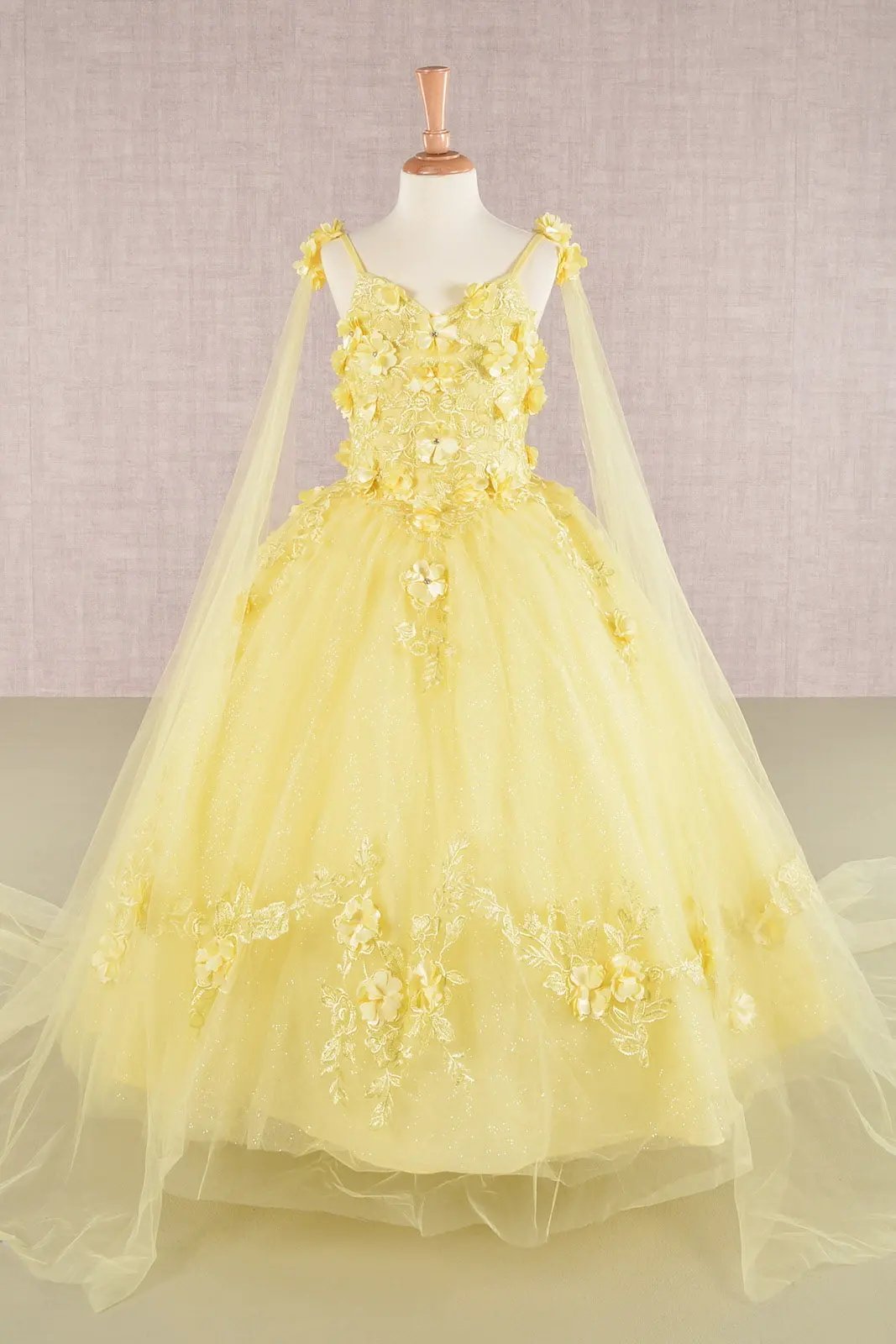 Floral Applique Glitter Mesh Kids Dress with Detachable Side Mesh Drape by Tux-USA