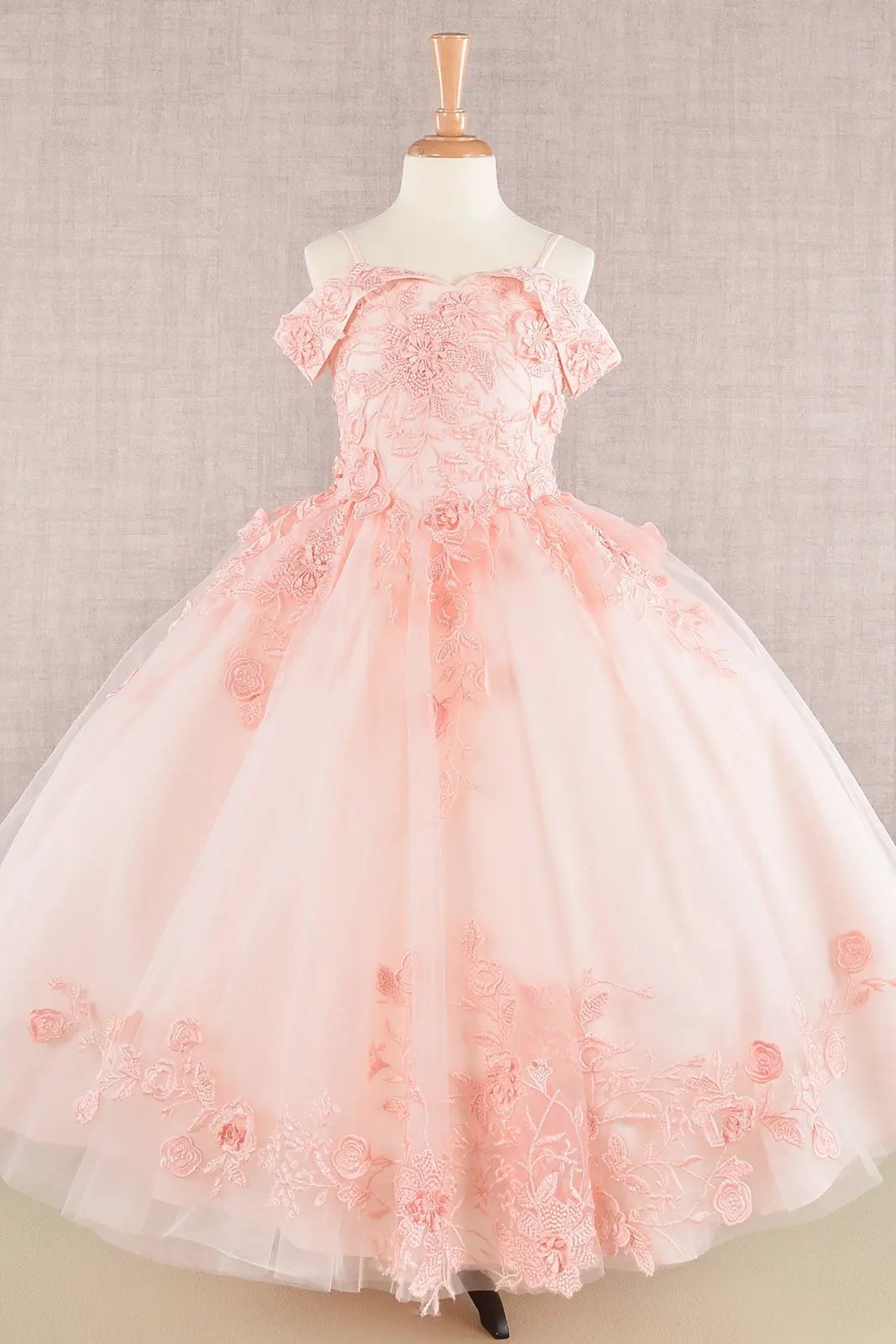 Floral Embroidery Embellished Cut-Away Shoulder Kids Dress by Tux-USA