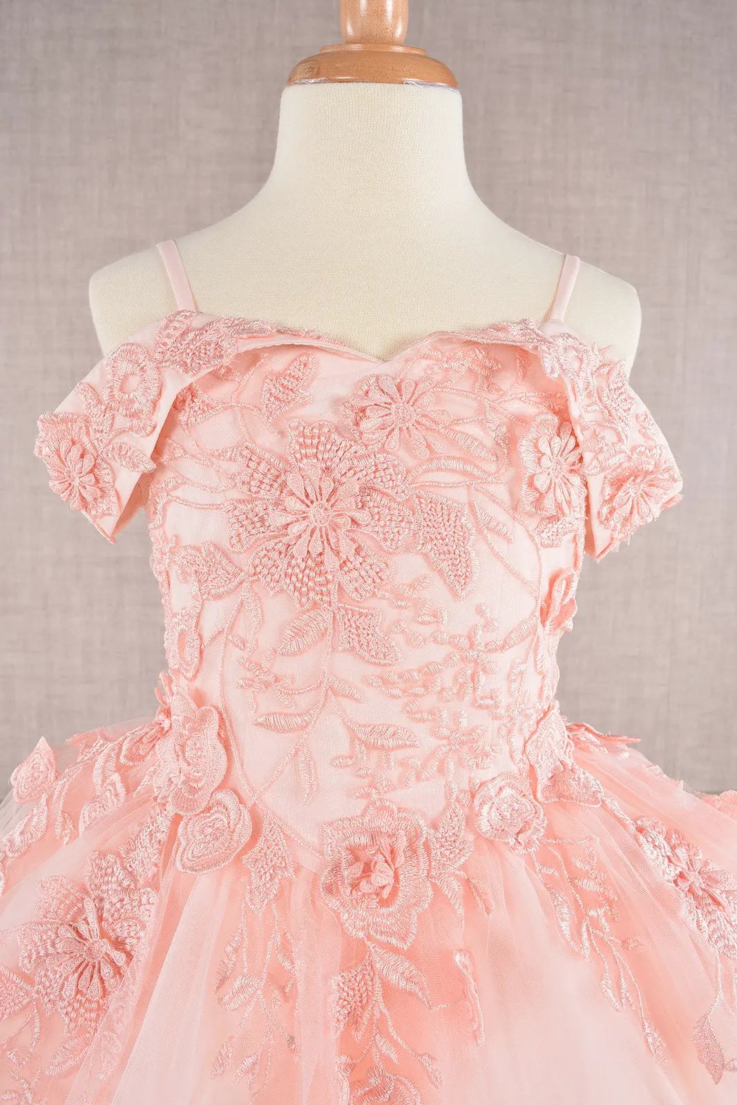 Floral Embroidery Embellished Cut-Away Shoulder Kids Dress by Tux-USA