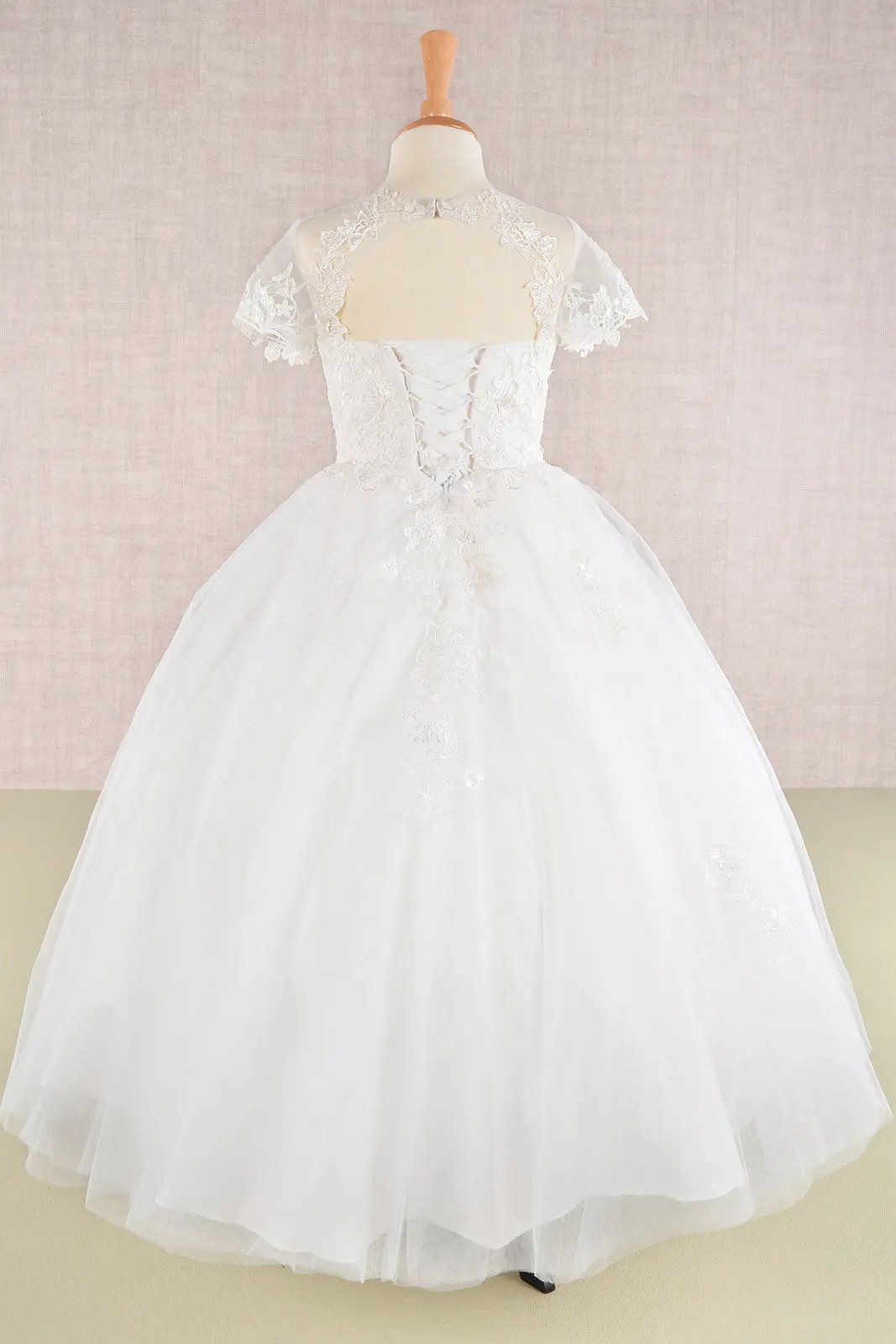 Floral Lace Embellished Bodice Short Sleeve Mesh Kids Dress with Cut-Out Back by Tux-USA