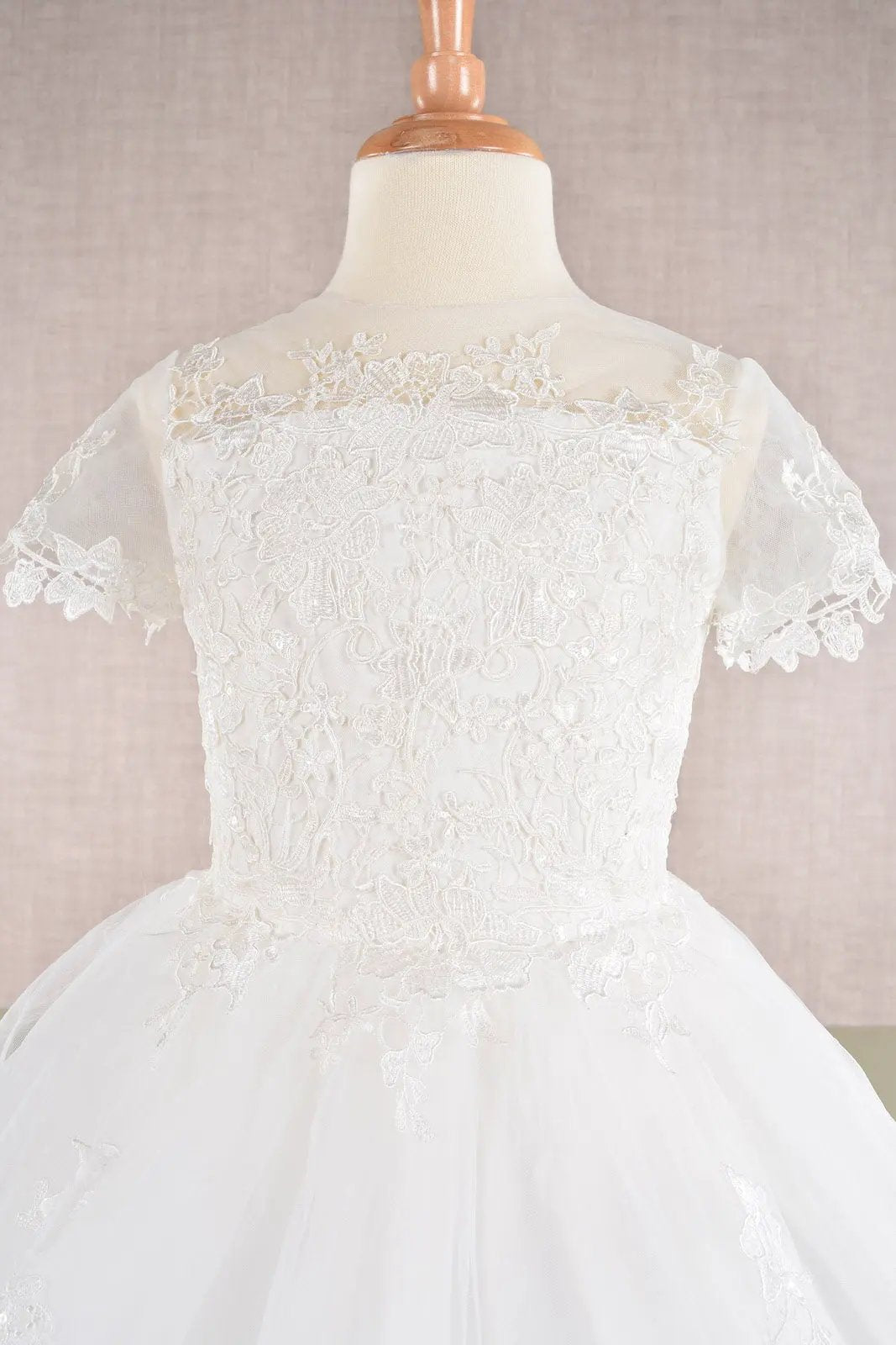 Floral Lace Embellished Bodice Short Sleeve Mesh Kids Dress with Cut-Out Back by Tux-USA