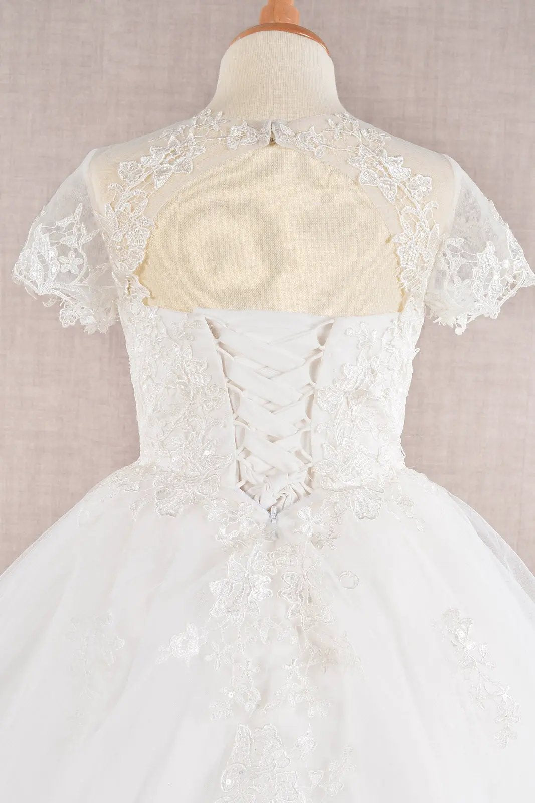 Floral Lace Embellished Bodice Short Sleeve Mesh Kids Dress with Cut-Out Back by Tux-USA