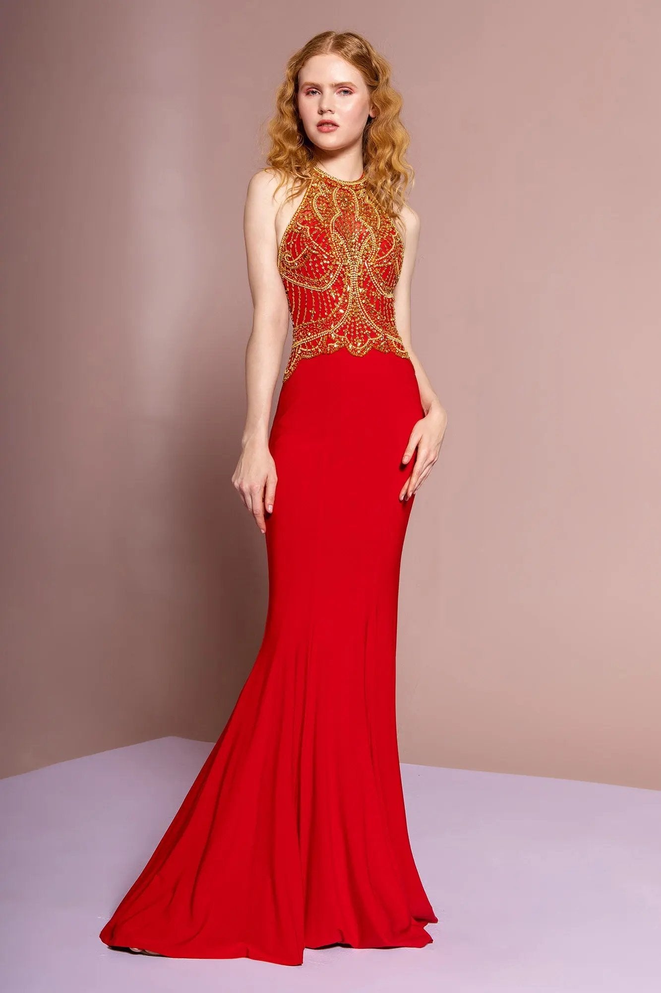 Halterneck Jersey Long Dress with Beaded Bodice by Tux-USA