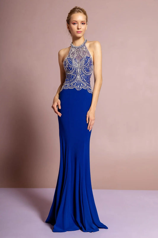 Halterneck Jersey Long Dress with Beaded Bodice by Tux-USA
