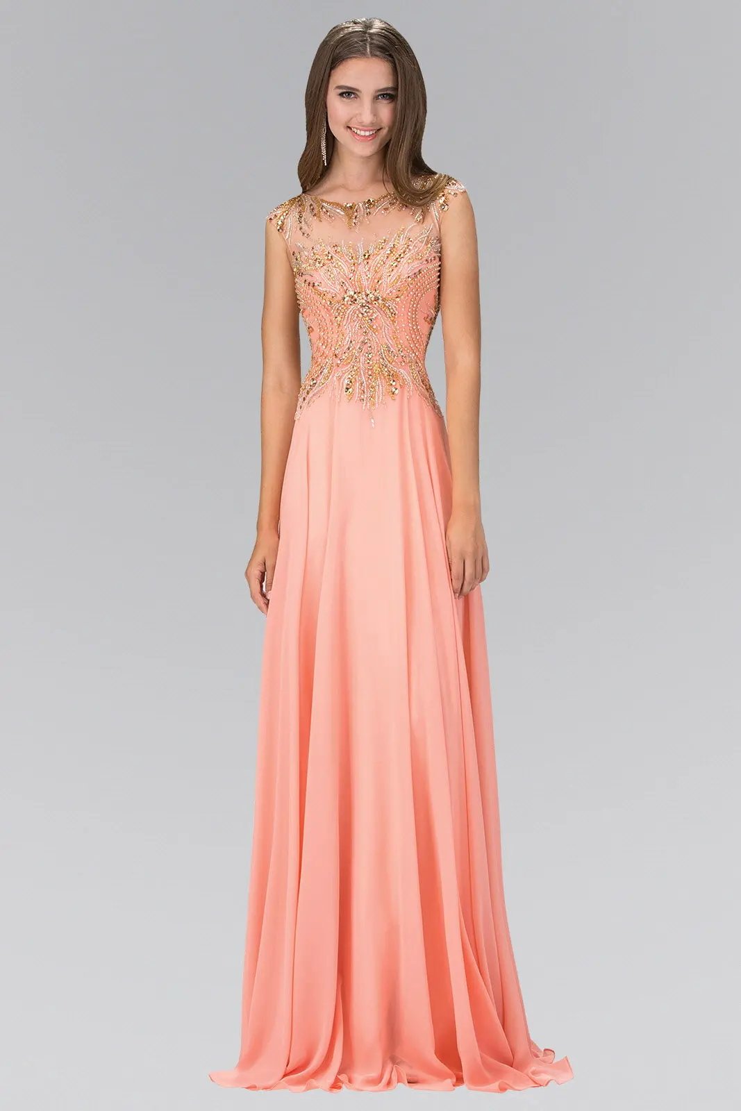 Floor Length Dress with Sheer Back and Bead Embellished Bodice by Tux-USA