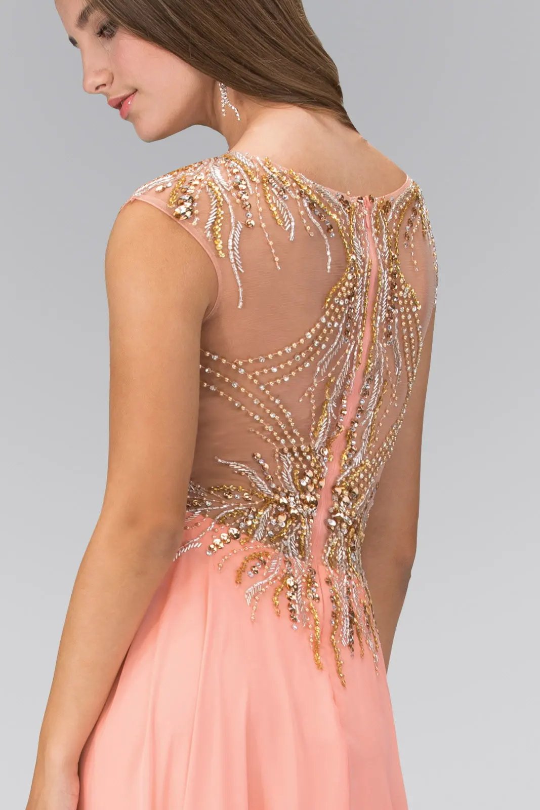 Floor Length Dress with Sheer Back and Bead Embellished Bodice by Tux-USA