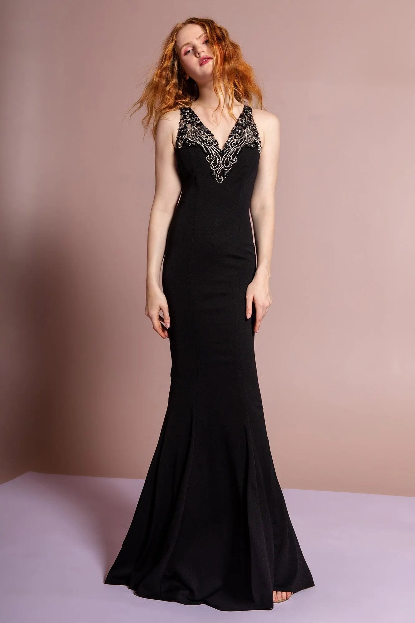 Floor Length Rome Jersey Dress with Jewel Emblished Neckline by Tux-USA
