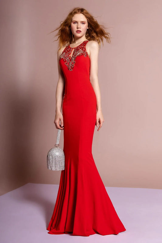 Floor Length Rome Jersey Dress with Jewel Emblished Neckline by Tux-USA