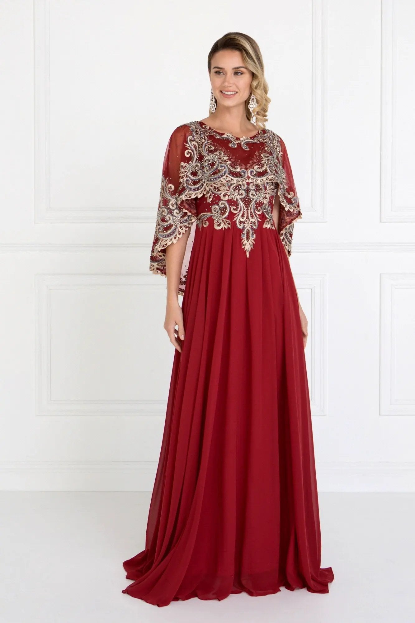 Tux-USA Chiffon A-Line Dress With Embroidered Cape Sleeves For Women by Tux-USA