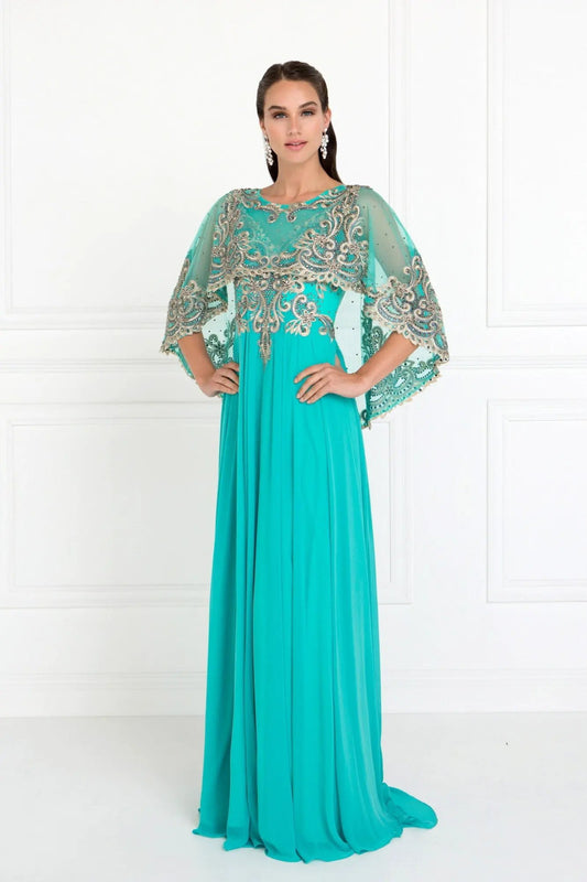 Tux-USA Chiffon A-Line Dress With Embroidered Cape Sleeves For Women by Tux-USA