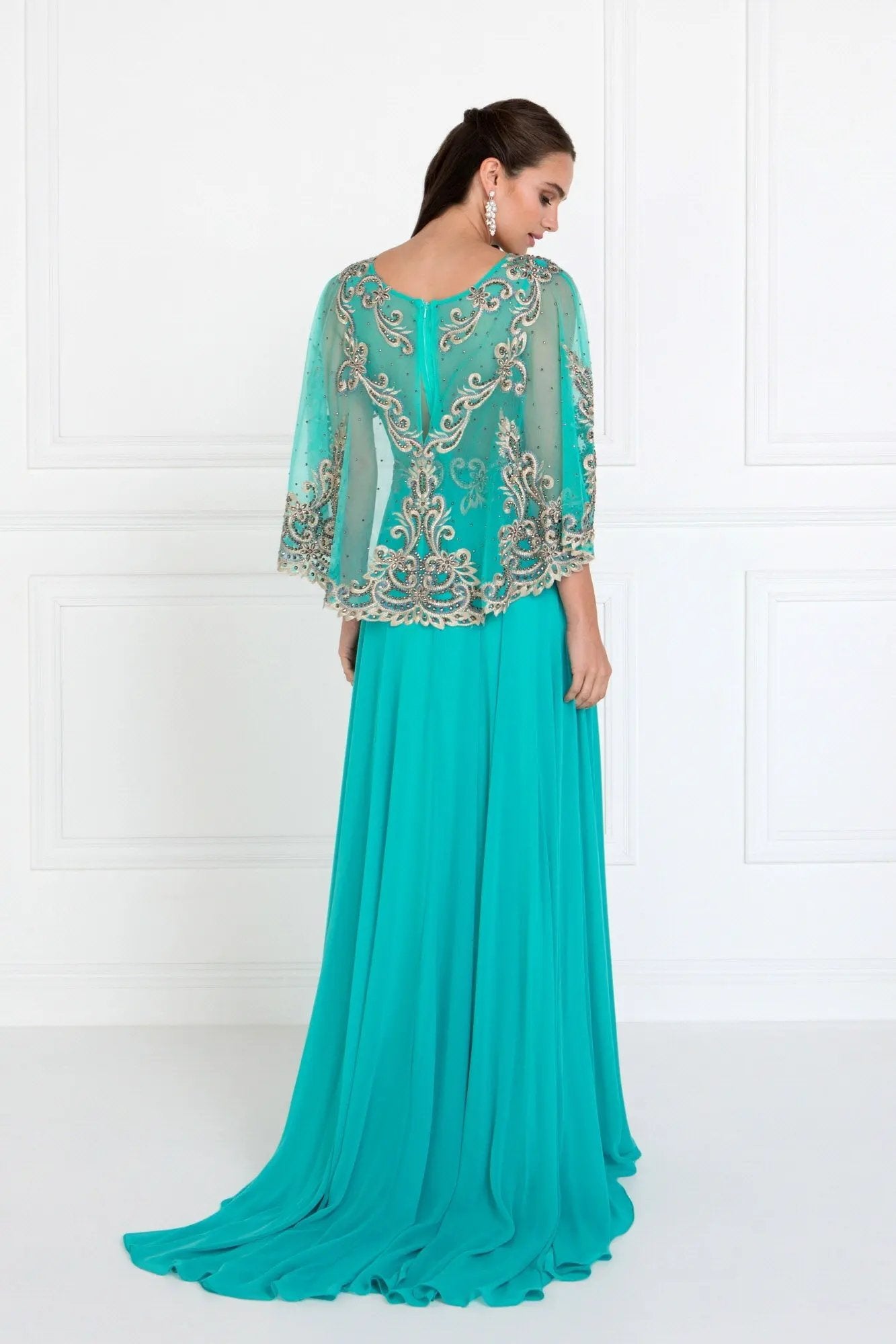 Tux-USA Chiffon A-Line Dress With Embroidered Cape Sleeves For Women by Tux-USA