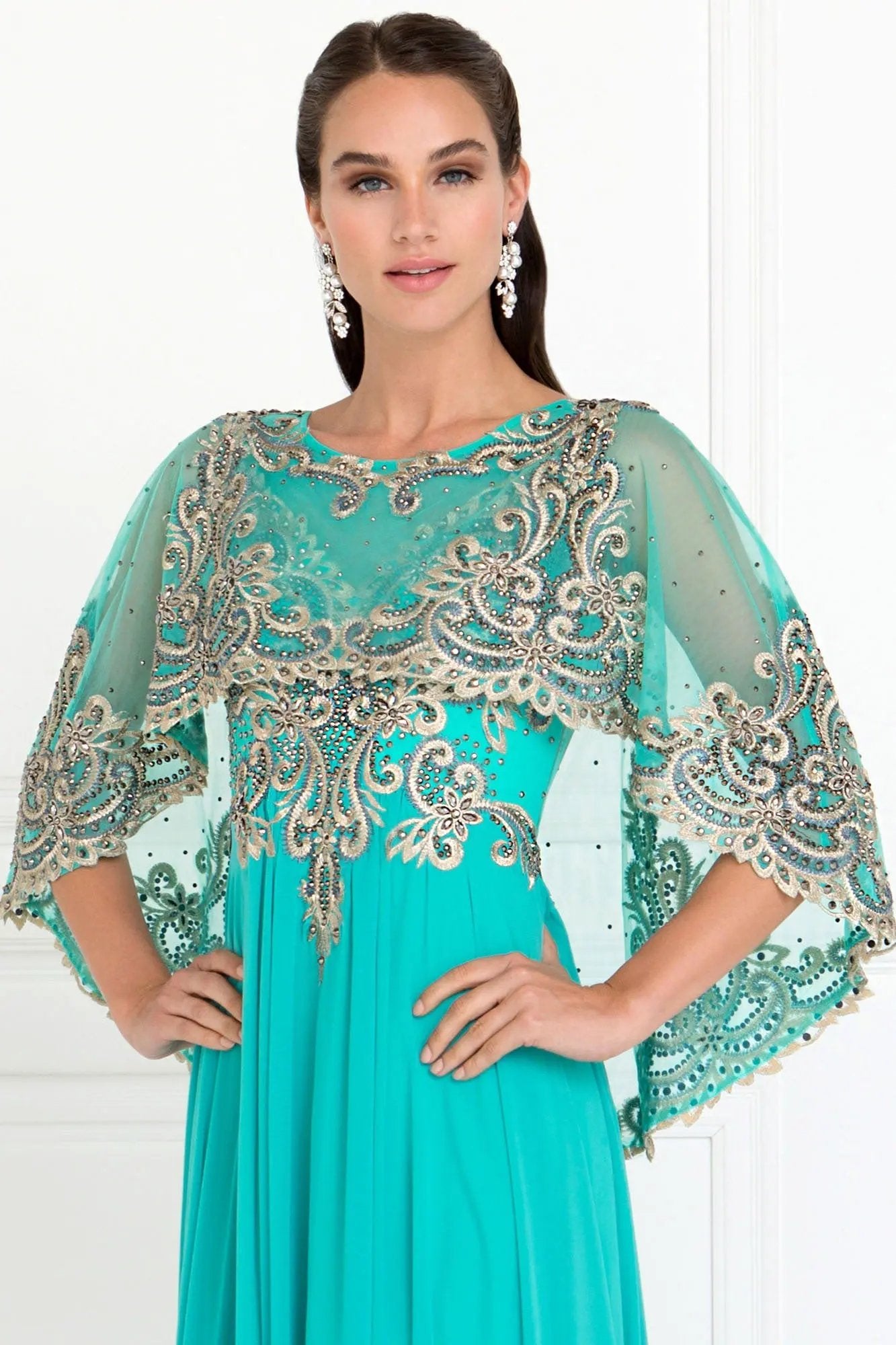 Tux-USA Chiffon A-Line Dress With Embroidered Cape Sleeves For Women by Tux-USA