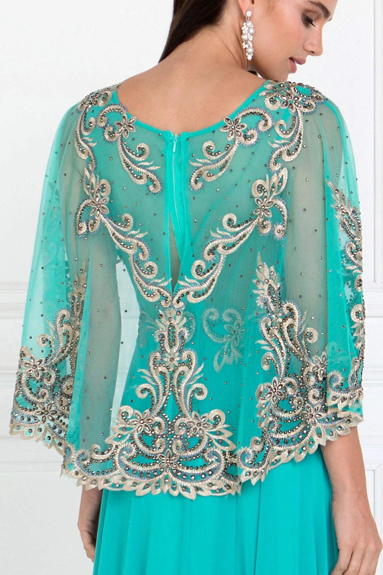 Tux-USA Chiffon A-Line Dress With Embroidered Cape Sleeves For Women by Tux-USA
