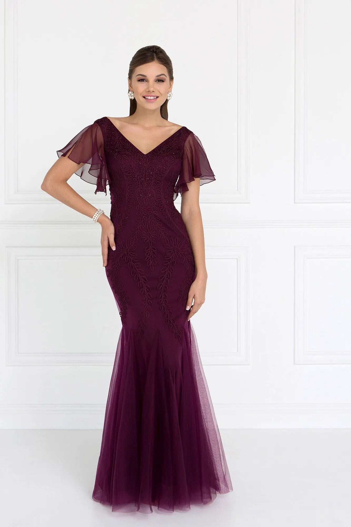 Tulle V-Neck Trumpet Long Dress with Short Sleeves by Tux-USA