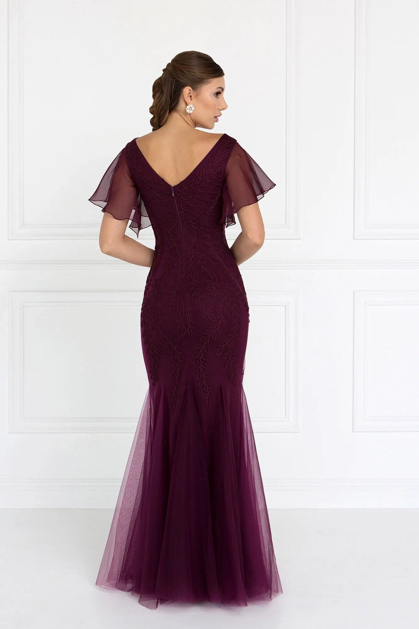Tulle V-Neck Trumpet Long Dress with Short Sleeves by Tux-USA