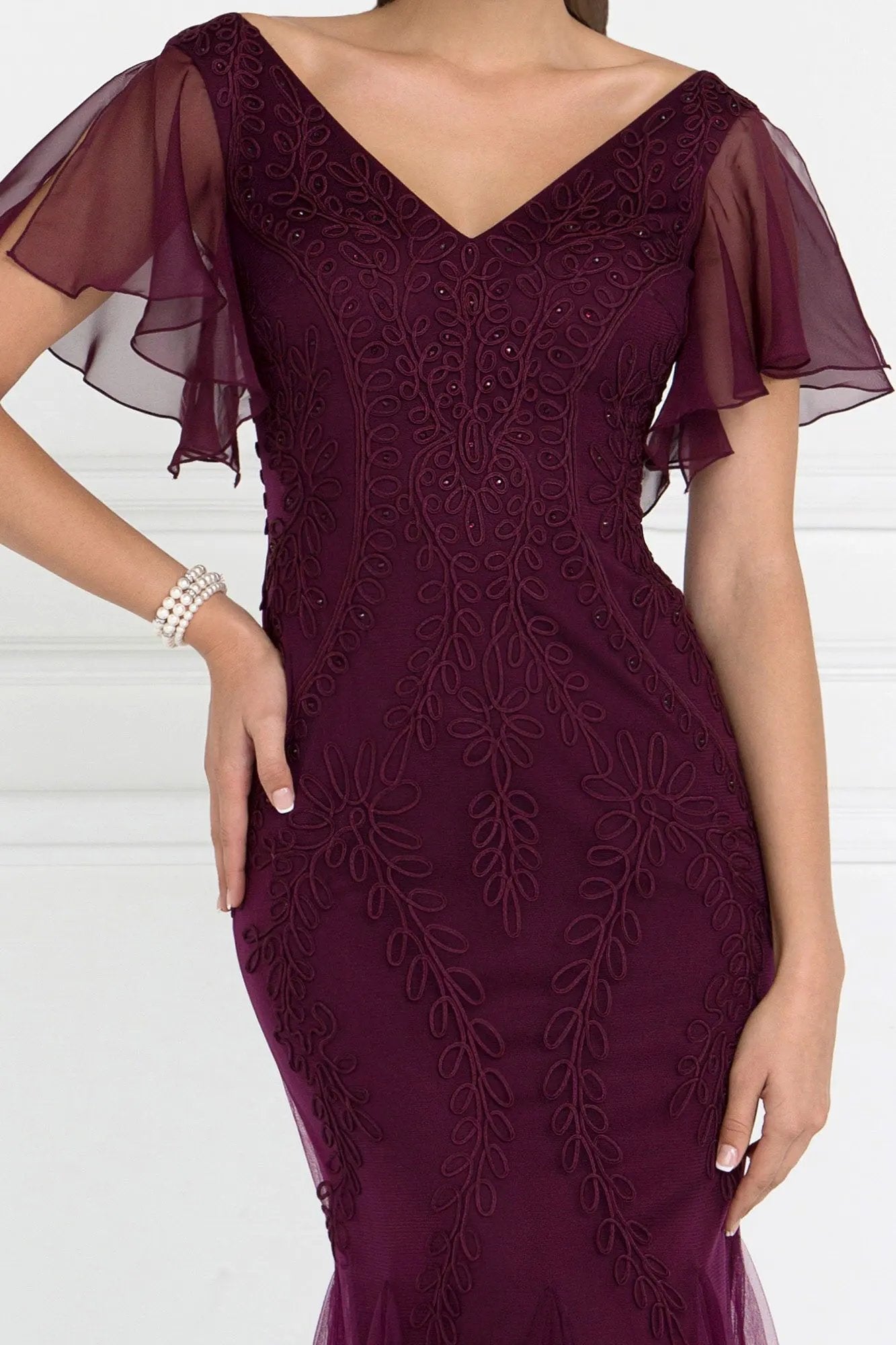 Tulle V-Neck Trumpet Long Dress with Short Sleeves by Tux-USA