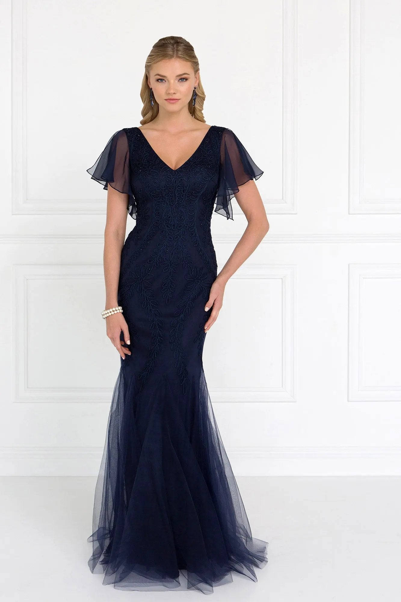 Tulle V-Neck Trumpet Long Dress with Short Sleeves by Tux-USA